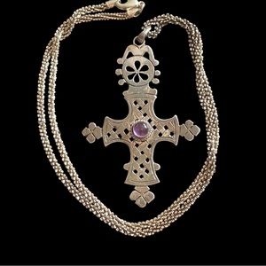 Vintage Sterling Silver Handmade Ethiopian Coptic Cross w/ 925 Popcorn Chain
